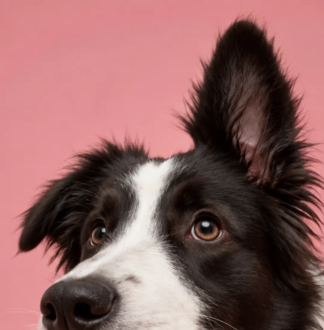 Un border collie noir et blanc lève les yeux, l’air interrogateur.